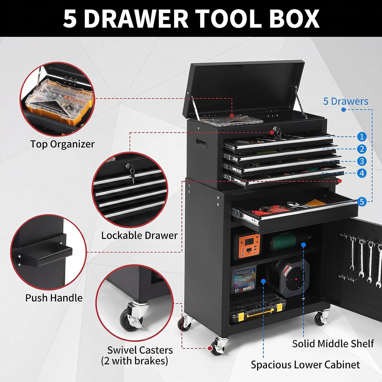 5 Drawer Rolling Tool Cabinet  - Tools Trolley For Workshop 评论和价格