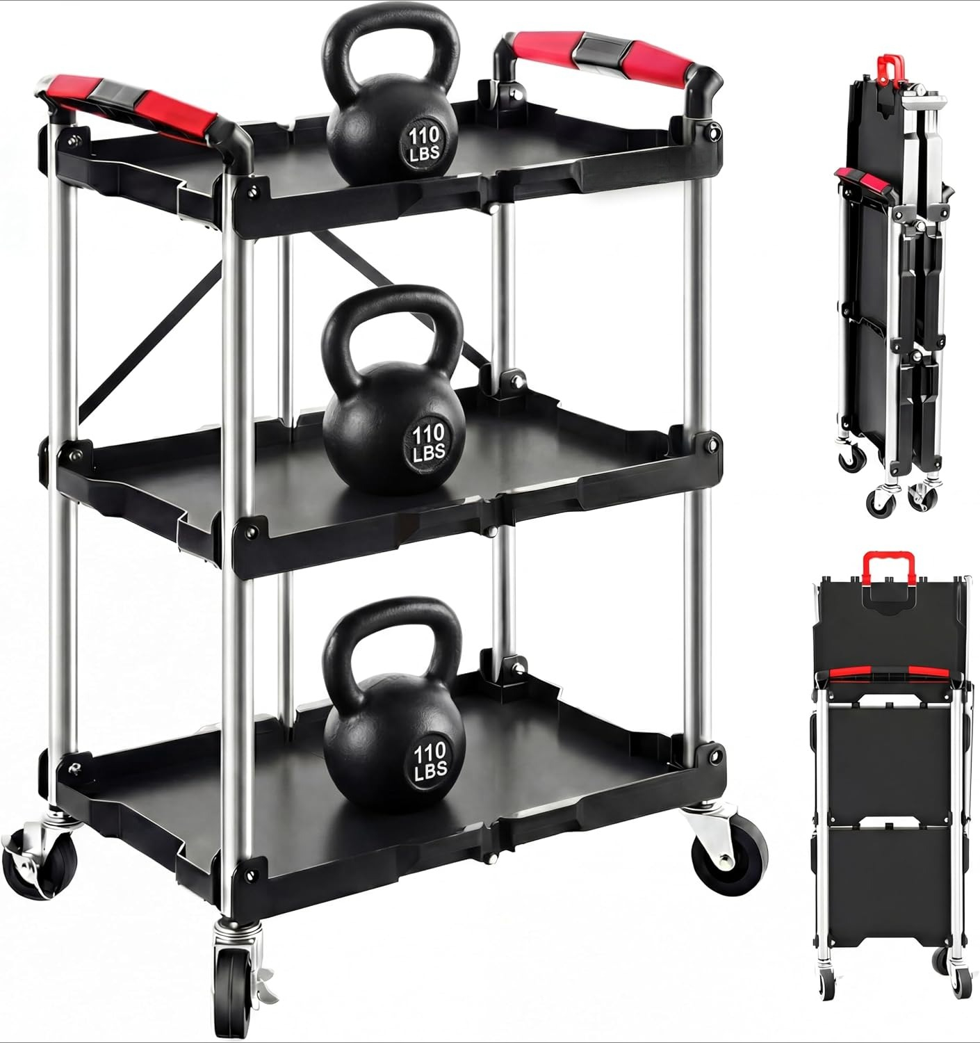 3-Shelf Foldable Rolling Utili - Tools Trolley For Workshop 评论和价格